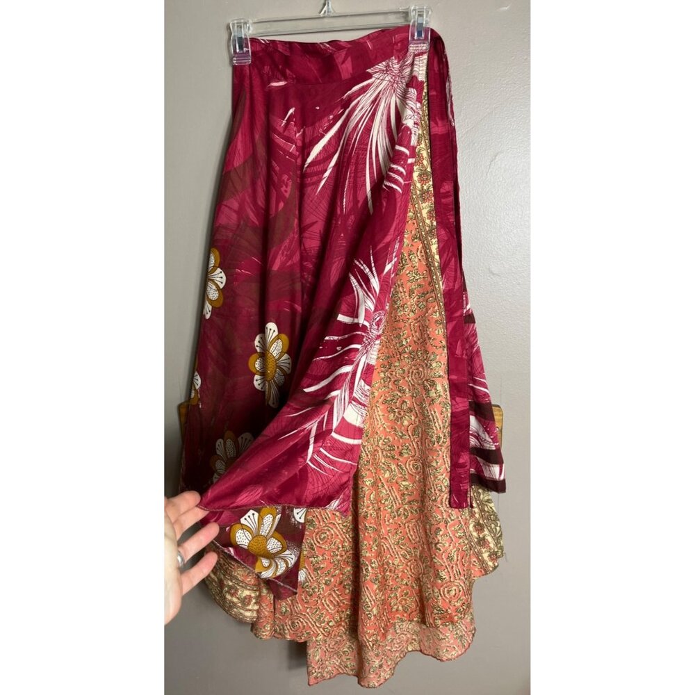 Wrap Sari Skirt Maxi Reversible Layers Red Chiffon Satin Boho Gypsy Womens 1 Sz - Picture 3 of 14